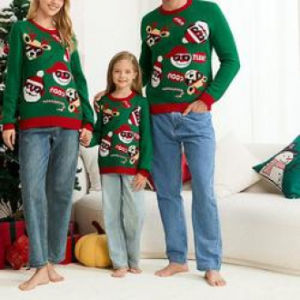 Custom Jacuard Knitted Pullover Matching Ugly Christmas Sweater Family Green Acrylic Man Jumper for Couple