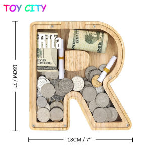 26 Letters English Alphabet Piggy Bank Wooden DIY Style Coin Money Saving Box Transparent Glass Jar Coins Storage Box Desktop Ornament Home Decor Crafts gift for kids
