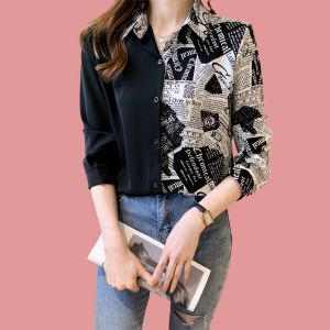 COD New Fashion Korean Style High Quality Fabric Personalized Color Block Splicing Womens Long Sleeve Casual Black Shirt