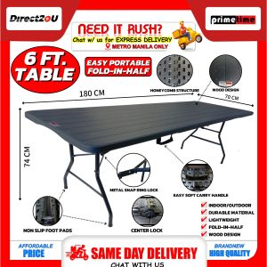 Primetime Premium 6 Ft. Black Rectangular Fold-in-Half Wood Look Plastic Table