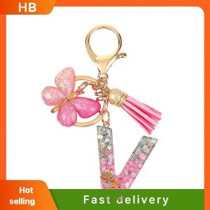 HB A-Z Dreamy Sequin Letters Keychain For Women Tassel Butterfly Pendant Initial Keyring Purse Suspension Bags Charms Car Key Chain