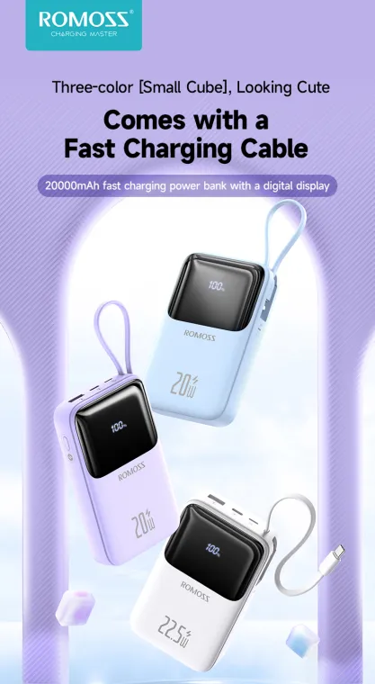 Romoss PFC20 20000mAh Powerbank 20W/22.5W QC3.0 Fast Charging with Built-in Cable 3 Output 2 Input LED Display Portable Power bank