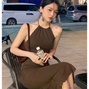 IELGY Hong Kong style retro dress women halter waist hanging neck bottoming dress