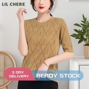 LIL CHERE Ice Silk Blouse for Women Hollow Knitted Shirt Short-sleeve Blouse