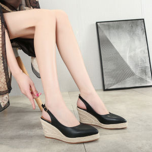Women Fashion Wedge Heel Shoes Lady Pointed Toe Thick Bottom Straw Shoes