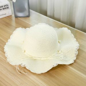 CAELARAU Spring Summer Pearls Strap Straw Hat French Style Wide Brim Womens Sun Hat Fashion Beach Folding Straw Hats Female