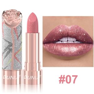 MAKERVY 7 Colors Metallic Lipstick Pearl Pink Floral Embossed Lip Mud Pearlescent Shimmer Lip Glaze Women