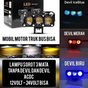 LAMPU TEMBAK SOROT MINI 3 MATA 2 WARNA SQL DEVIL NON DEVIL 12VOLT - 24VOLT DC MOTOR MOBIL TRUK SUPER BRIGHT