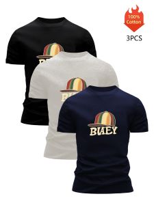 Printed T-Shirt 3 Pack Mens 100% Cotton Graphic Tees Funny Summer Blouse Casual Breathable Cool Luxury High Quality Clothing