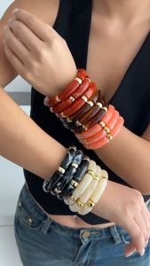 Fashion 1pcs Vintage Amber Acrylic Bamboo Stackable Bracelet Set Womens Resin Elastic Cord Beaded Bracelet Jewelry