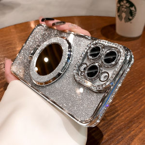 CrashStar Magsafe Stand Makeup Mirror Glitter Diamond Edge Gorgeous Fashion Hard Shockproof Phone Case For iPhone 16 15 14 Pro Max Plus 13 12 11 Pro Max Wireless Charging Phone Casing Gradient Bling Luxury Phone Cover With Glitter Lens Films Protection