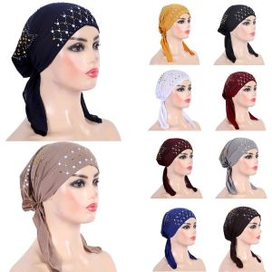 PLNBFG Solid Color Turban Hijab Cotton Gold Sequins Headscarf Hat Fashion Soft Pull On Headwrap