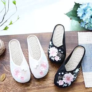[Free Shipping] Mesh Shoes All-Mesh Linen Insole Embroidered Slippers Flat Slippers For Women Sandals