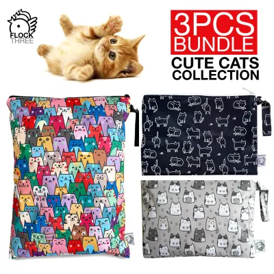 FLOCK THREE 3pcs Bundle Waterproof Wet Bag Reusable for Wet Clothes Baby Diapers Stroller Swimsuit Travel Reusable toiletries Pouch Small and Larger Electronics case 3 Pack Cute Cats