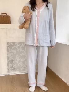 (SG Seller) Maternity Women Breastfeeding Nursing Pajamas Set Cotton Nursing Homewear Long Sleeve Top Pant SY30