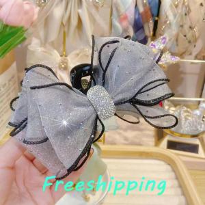 baoxue Korean Style Mesh Bow Rhinestone Hair Claw Vintage Elegant Hair Clamp Hairpin Shark Clips For Women Fashion Hair Accessories