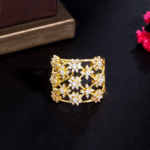 SEQUITO Fashion Yellow Gold Silver Plated Jewellery Full Micro Pave AAA Bling Bling Zirconia Stone Floral Hollow Out Adjustable Finger Ring Big Party Women Accessories SR078