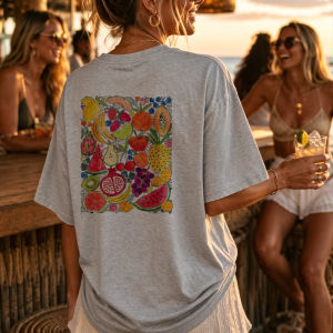 [Local Stock] HBESTY  Colorful Fruit Collage Oversized Crew Neck T-Shirt with Watermelon Pineapple Banana Orange Pomegranate Kiwi Strawberry Grape Man