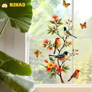【N2HAO】 Tree Branch Bird Butterfly Sticker Window Cling Butterfly Decal Glass Door Decoration Home Fridge Sticker Electrostatic Sticker