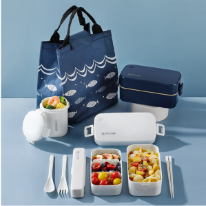 Double-layer lunch box set with chopsticks spoon + lunch box bag + soup pot