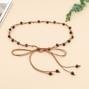 Thắt lưng dây bện mỏng phong cách dân tộc đai váy tết hạt gỗ kiểu cổ điển