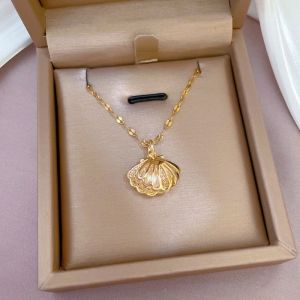 Titanium Steel Necklace Full Diamond Micro-Inlaid Zircon Hollow Shell Pearl Real Gold Pendant