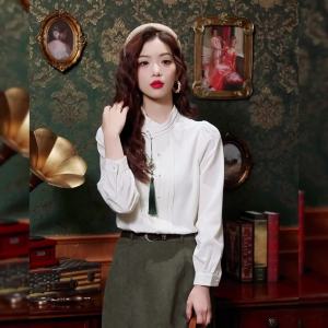 Ammin Phong cách Trung Quốc Mới móc nối ngọc trai phong cách dân tộc Tua màu trắng dài tay Áo Sơ Mi Cho Phụ Nữ 2024 Mùa Xuân dáng ôm mới Giảm Béo Giải Trí đi Làm Áo Voan