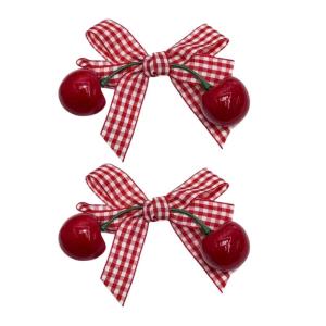2Pieces Plaids Hair Bows Cherry Pendant Hair Accessories Slip Resistant Side Hairpin for Girls School Event Outfit