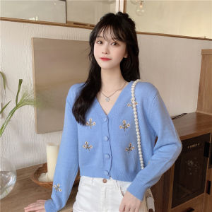 IELGY Sweet Elegant V-neck Knitted Cardigan Jacket Womens Autumn Short Embroidered Slim Look Top
