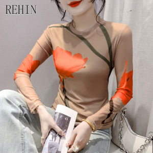 REHIN เสื้อยืดแขนยาวลายดอกไม้พิมพ์ลายตาข่ายแฟชั่นฤดูใบไม้ร่วง/ฤดูหนาวสำหรับผู้หญิงเข้ารูปพอดีเก๋ไก๋คอกลม