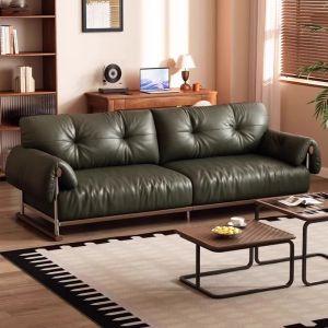 [PRE-ORDER] French retro black walnut solid wood sofa living room 2025 new small apartment four-person straight row first layer cowhide leather