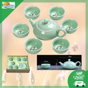 Fish Design Porcelain Chinese Kung Fu Tea Pot Set- 1 Pot 6 Cups-Gift /小套陶瓷鲤鱼7头茶具送礼盒套装