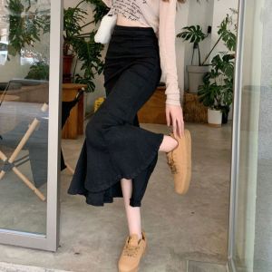 Elastic denim skirt mid-length skirt high waist split design 2024 new style hip fishtail skirt