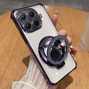 สำหรับ Xiaomi 15T Pro 5G เคสใสเคลือบเงาแบบนิ่มสี่มุมทนต่อการกระแทกเหลือง TPU ฝาครอบหลังซิลิโคนโปร่งใสบางพิเศษพร้อมขาตั้งที่ยึดแบบหมุนได้แวววาว