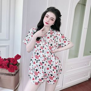 Bộ đồ ngủ mặc nhà bigsize quần đùi tay ngắn chất lụa xước thiết kế in 3D hình bài tây (5O- 1OOkg)