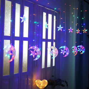 2.5M 138 LED Star Moon Curtain String Lights 8 Modes Decorations for Eid Ramadan Hallow/星月灯/串灯/圣诞灯