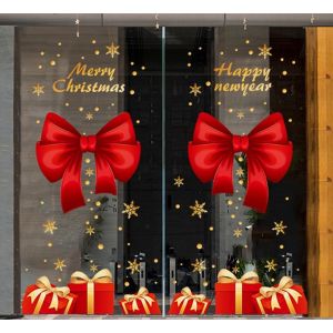 Combo Decal trang trí noel hít tĩnh điện - Cặp Nơ đỏ phối chân quà xịn lấp lánh ( 2 tấm )CDN03