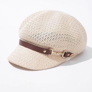 DOWNA Hollow Octagonal Beret Hat Breathable Leather Buckle Beach Straw Hat Versatile Spring Summer Painter Hat Sunshade Cap