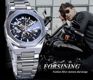 Original Forsining automatic mechanical mens watch luxury brand fashionable black rubber strap sports hollowed out clock. Mens Gifts