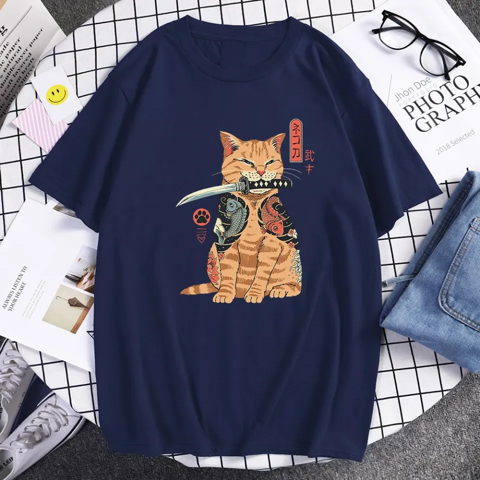 Japanese Anime T shirt Samurai Cat Warrior Print Men Women Fashion