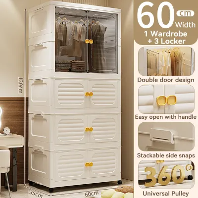 Adult/Children Wardrobe Double Open Doors Moveable Folding Stackable Cabinet Multipurpose Storage Cupboard With Wheels