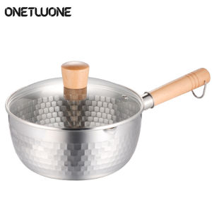 Onetwone หม้อขนาด18ซม. 430สแตนเลสมีฝาแก้วหม้อหม้อต้มนมหม้ออาหารสไตล์ญี่ปุ่นพร้อมที่จับยาวแบบเหนี่ยวนำและเตาแก๊ส