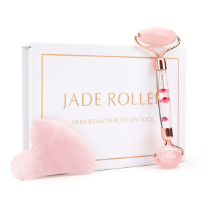 DECINIEE Rose Quartz Jade Roller Flower Pole Roller Face Lifting Massager Facial Manual Massage Roller Heart-shaped Guasha Set Anti-wrink