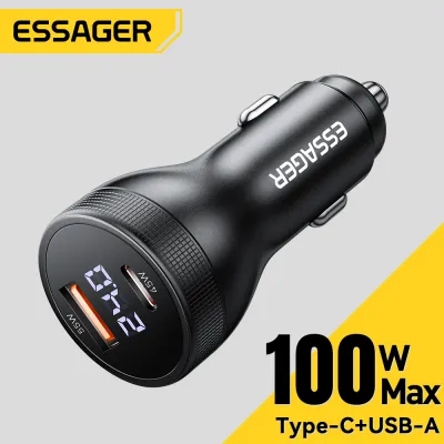 Essager 100W USB Một Loại C sạc điện dùng trên xe hơi màn hình hiển thị kỹ thuật số siêu lấp lánh Phí Loại C Xe Nhanh Chóng sạc kép Pd 3.0 Qc4.0 Cho IPone16 15 Huawei Xiaomi15 điện thoại di động samsung Điện Thoại Xe Tải xe bán tải SUV A + C 100W màn hình