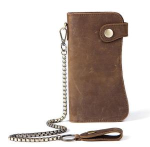 กระเป๋าสตางค์หนังแท้ กระเป๋าหนังวัวเเท้ กระเป๋าสตางค์ใบยาว พร้อมสายโซ่คล้องกระเป๋า ในเเนววินเทจ