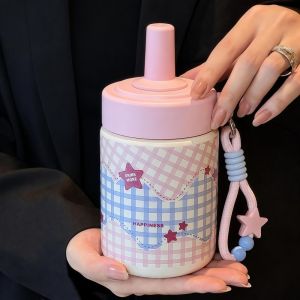 DIVATEN 316 Stainless Steel Straw Insulated Bottle 480ml Leak Proof Cartoon Vacuum Mug Fashion Handle Rope Portable Travel Tumbler CommutingOutdoor