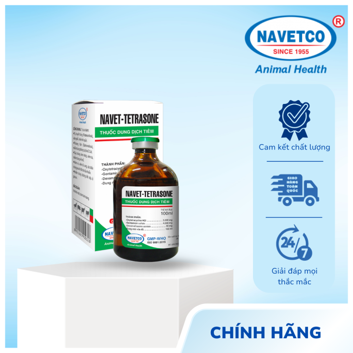 NAVET-TETRASONE : điều trị nhiễm trùng phức hợp nhiều bộ phận, hô hấp tiêu hóa tiết niệu và sinh dục cho gia súc, thú cưng (chó, mèo)