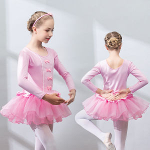 Lolanta Ballet Dress Kids Girls Bow Knot Mesh Puffy Dress Long/ Short Sleeves Dance Practice Stage Performance Training Cheer 4-14years