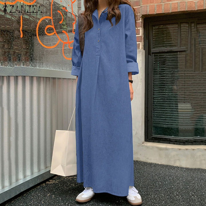 HijabFab ZANZEA Womens Long Sleeve Plain Denim Style Maxi Sundress