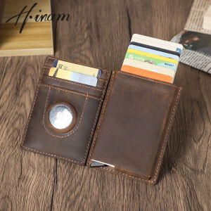 Hiram Crazy Horse Leather Card Holder AirTag Slot RFID Anti theft Aluminum Box Magic Small Wallet Card Bag